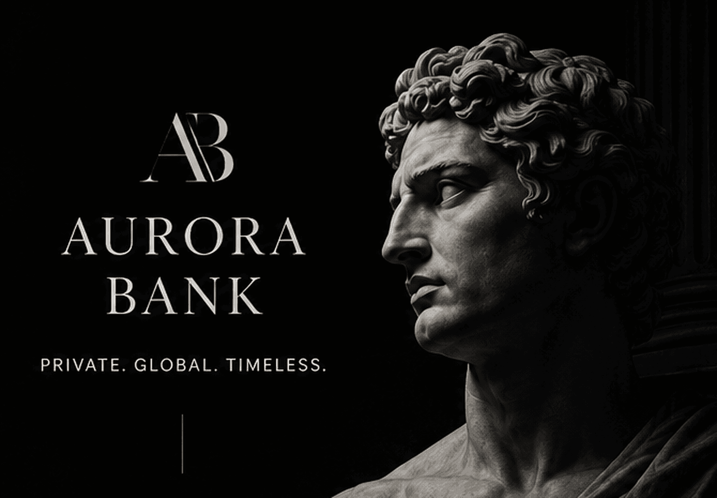 Carte visuelle Aurora Bank avec wordmark et statue classique en clair-obscur.